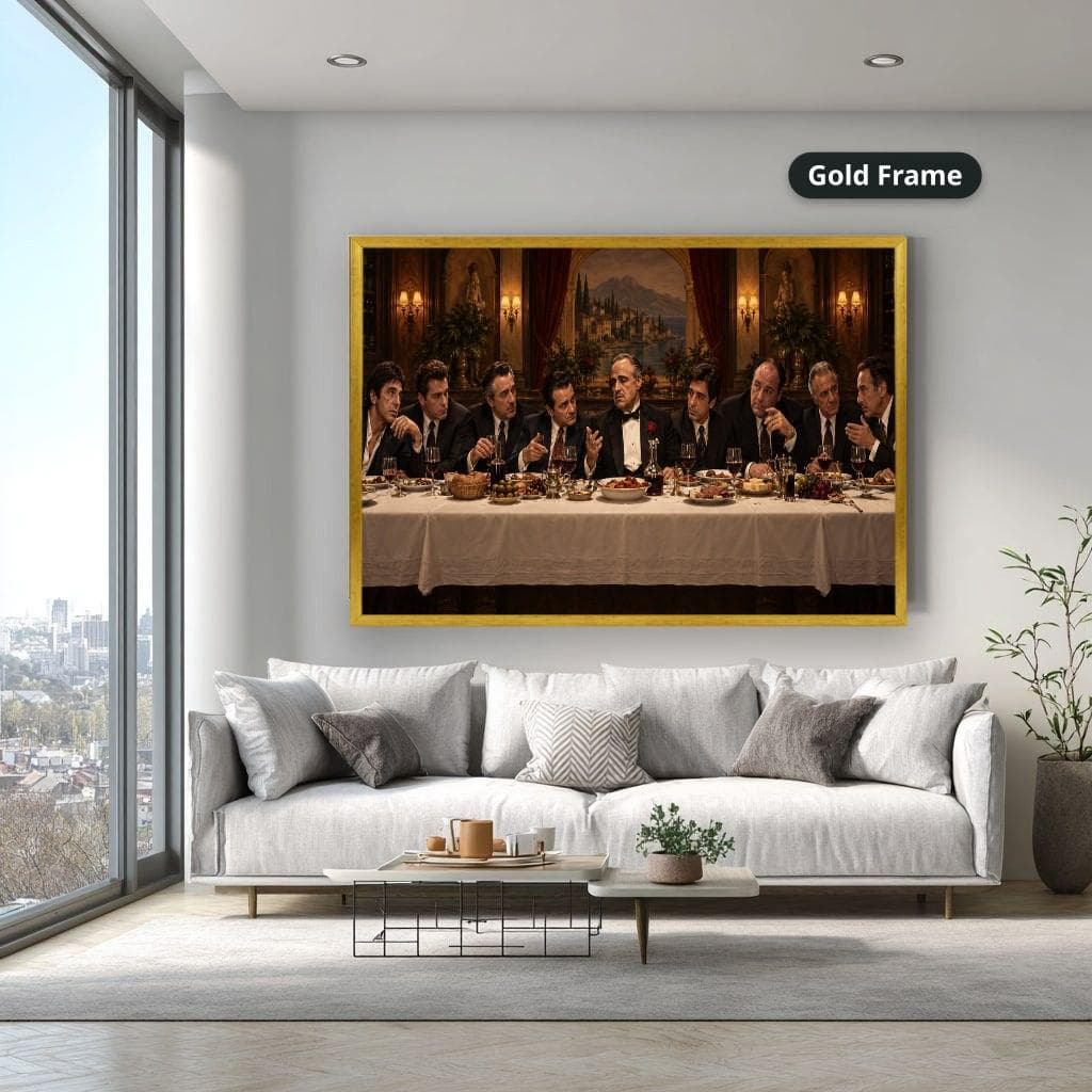 Formally dressed men dine at a long table in a candlelit ornate room, painted in dark brown cinematic vintage tones. Shown as a stretched canvas print displayed on a wall, view 2.