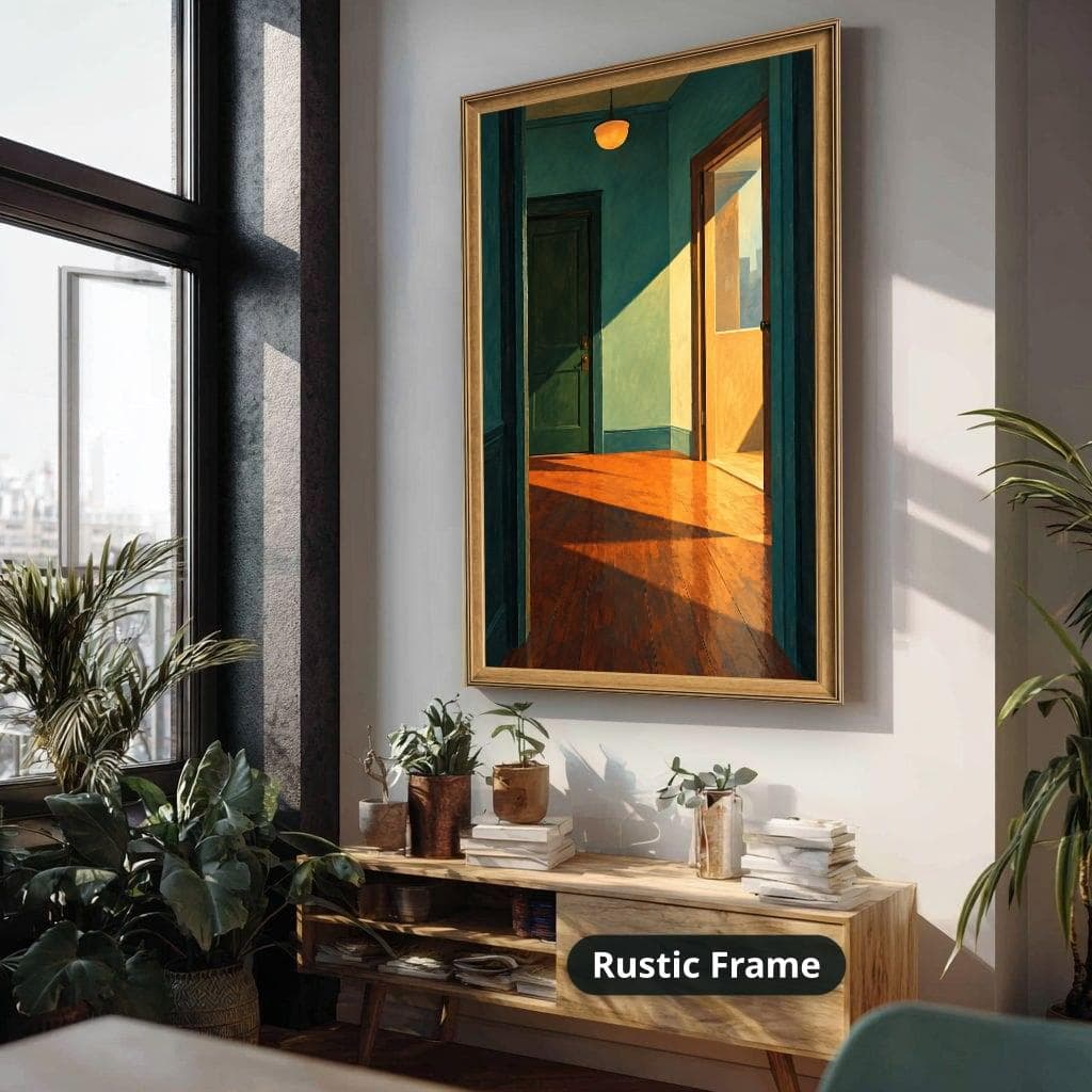 A canvas wall art print shows the sunlit dark green hallway painting in a rustic frame above a wooden console with plants and books in a bright room.