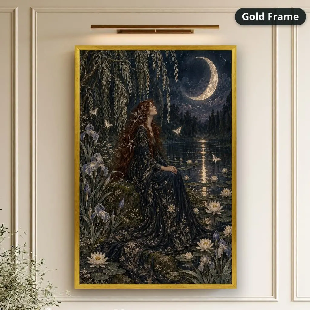 Red-haired woman in a dark floral gown sits beside a moonlit pond with lilies in detailed romantic art. Shown as a stretched canvas print displayed on a wall, view 2.
