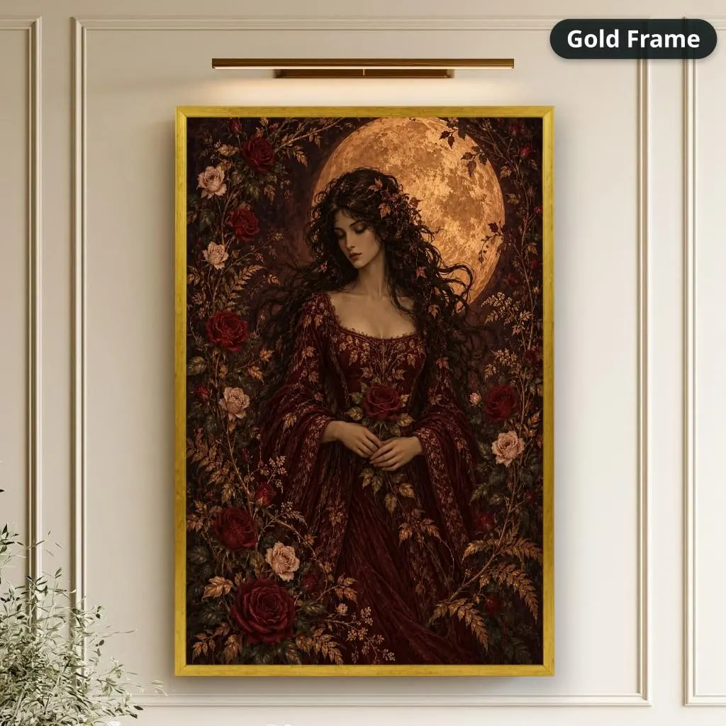 Dark-haired woman in a burgundy floral gown stands among roses beneath a golden moon in a gothic vintage style. Shown as a stretched canvas print displayed on a wall, view 2.