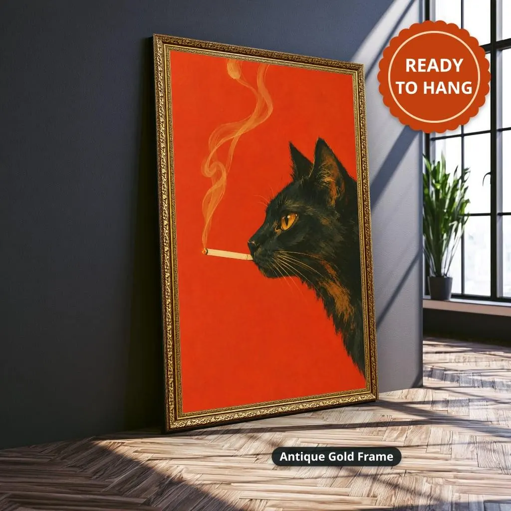 Black cat smoking a cigarette in profile against a vivid red background, rendered in a vintage noir painting style. Shown as a stretched canvas print displayed on a wall, view 3.