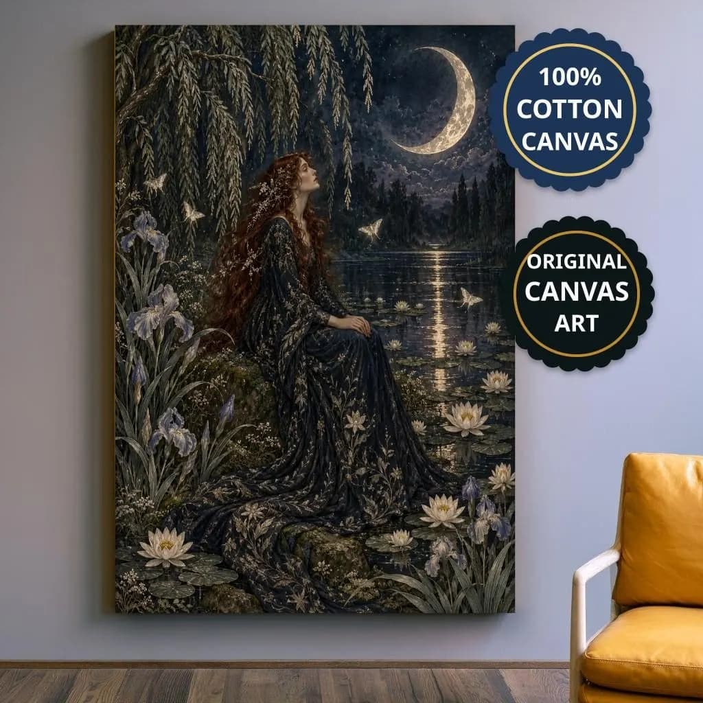 Moonlit Pond Red-Haired Woman Canvas, Dark Romantic, Reading Nook Decor Print