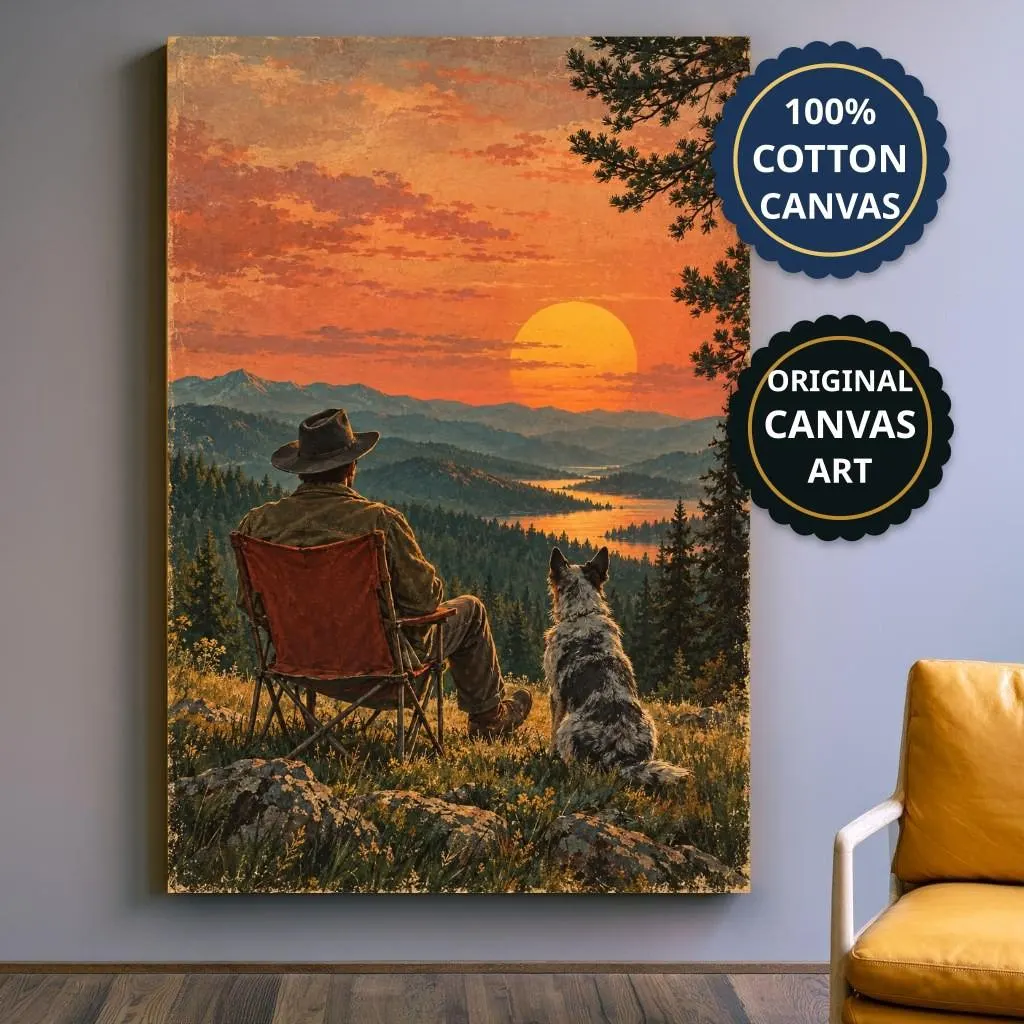 Cowboy And Dog Art Canvas Print, Vintage Western, Mountain Cabin Decor Print