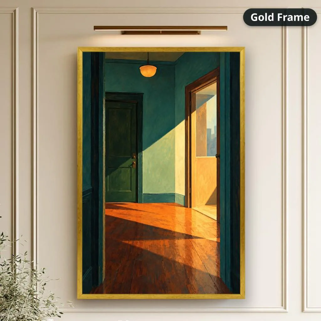 A canvas wall art print displays the sunlit dark green hallway painting in a gold frame on a light paneled wall beneath a picture light.