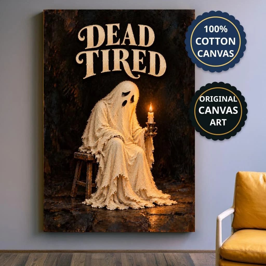 Dead Tired Candlelit Ghost Canvas, Gothic Vintage Bedroom Decor, Halloween Gift Print