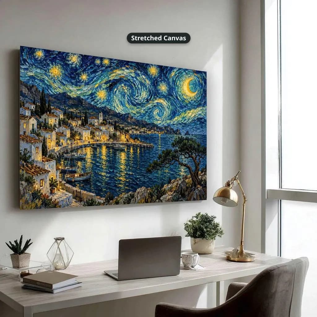 Moonlit coastal village and harbor beneath swirling blue stars and a golden moon in expressive post-impressionist style, shown as stretched canvas wall art beside a sunlit window above a desk.