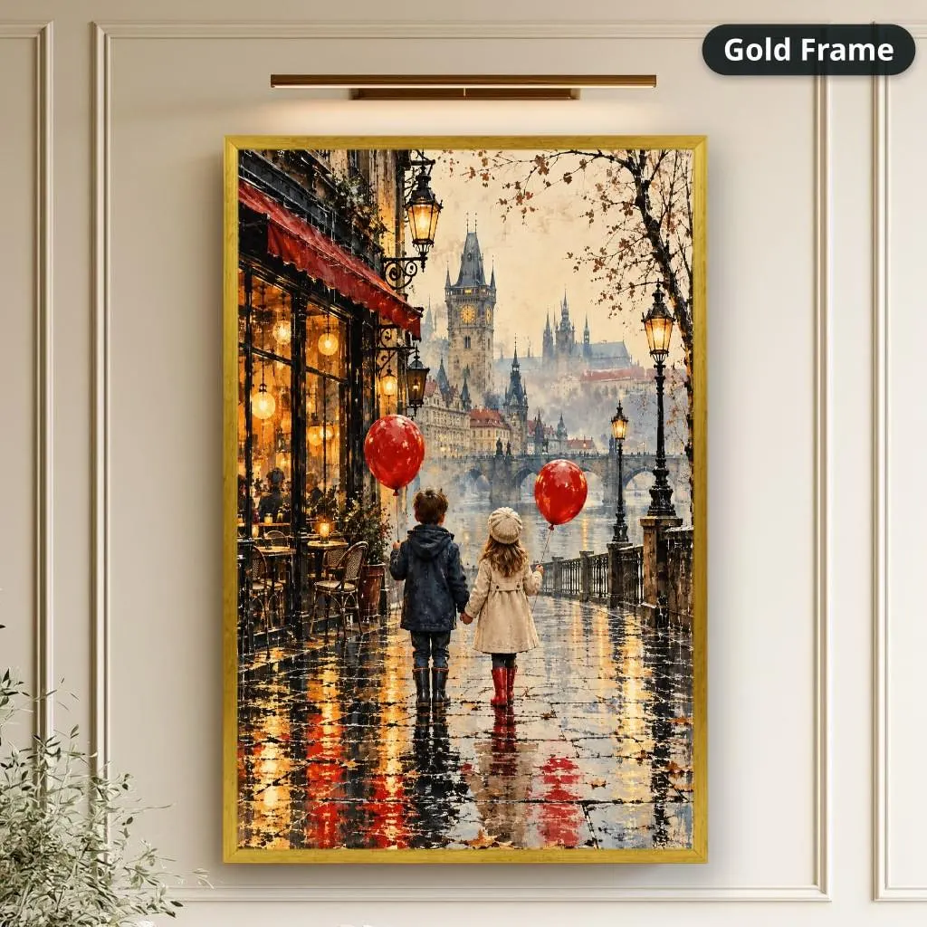 Vintage storybook canvas wall art shows two children with red balloons on a rainy historic city street, presented in a gold frame on a paneled cream wall.