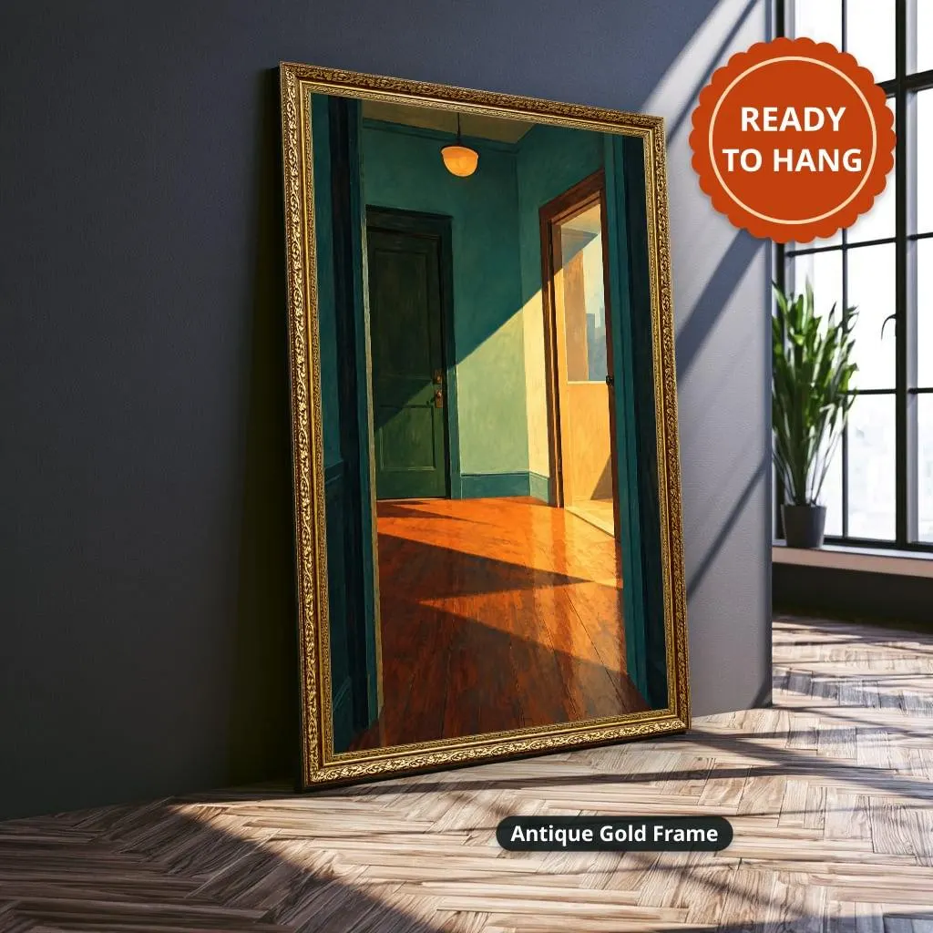 A canvas wall art print presents the sunlit dark green hallway painting in an ornate antique gold frame, leaning against a dark wall beside a bright window and plant.