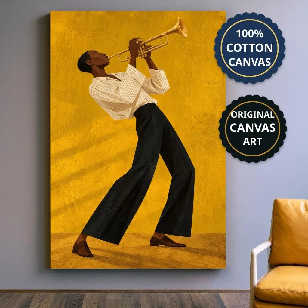 Jazz Musician Art Canvas, Leaning-Back Brass Trumpet, Vintage Editorial Music Room Print