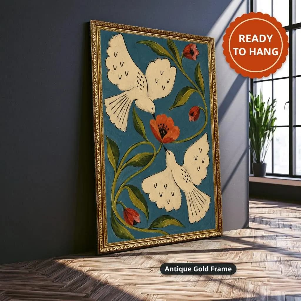 Vintage folk-art canvas wall art with two cream doves, red flowers and green vines on deep blue, shown at an angle in an antique gold frame by a sunlit window.