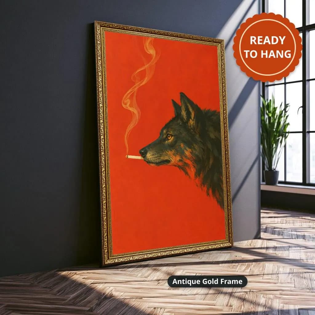 Painterly black wolf smoking a cigarette against a vivid red background with curling smoke. Shown as a stretched canvas print displayed on a wall, view 3.