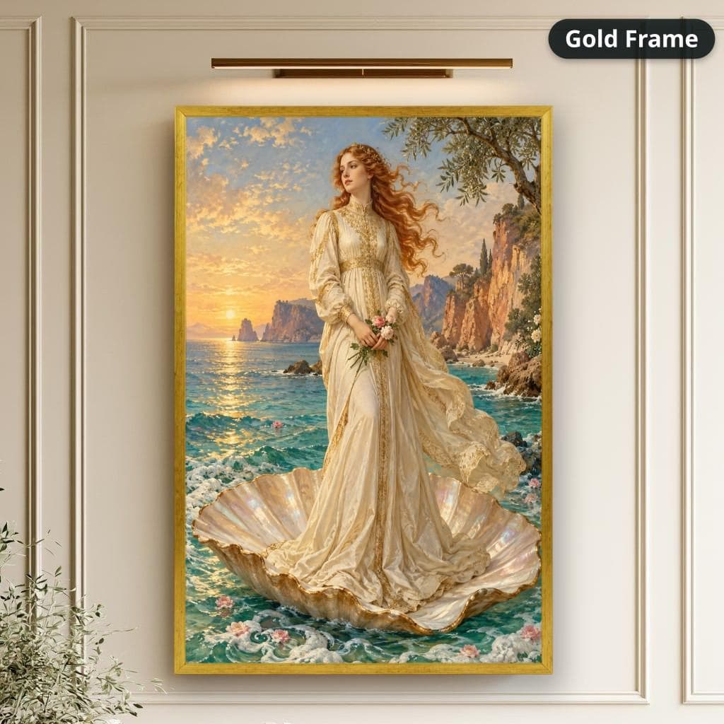 Romantic fantasy canvas wall art shows the red-haired woman in a cream gown on a shell above turquoise sunset waves, displayed in a gold frame on a paneled beige wall.