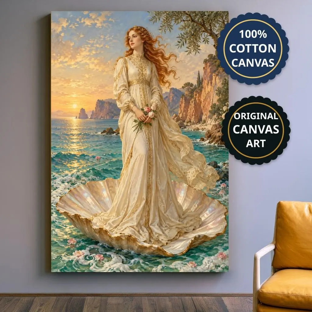 Mythology Canvas Wall Art, Red-Haired Venus on Seashell, Romantic Fantasy, Above Bed Decor