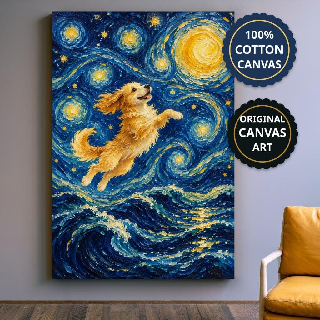 Golden Dog Art Print Canvas Over Ocean Waves, Post-Impressionist, Above Sofa Decor