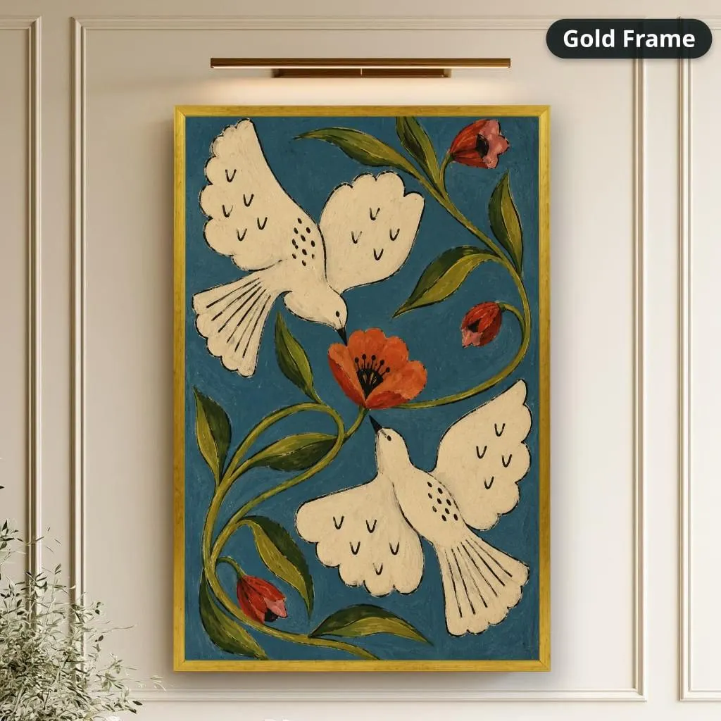 Vintage folk-art canvas print of two cream doves, red flowers and green vines on deep blue, displayed in a gold frame on a paneled cream wall beneath picture lighting.