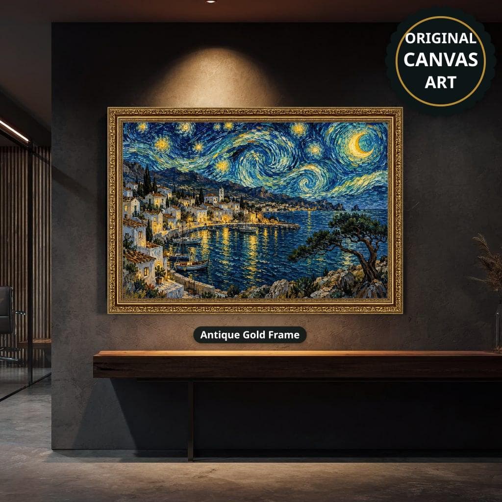 Moonlit coastal village and harbor beneath swirling blue stars and a golden moon in expressive post-impressionist style, shown as antique-gold framed canvas wall art on a dark accent wall above a console.