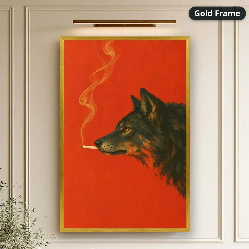 Painterly black wolf smoking a cigarette against a vivid red background with curling smoke. Shown as a stretched canvas print displayed on a wall, view 2.