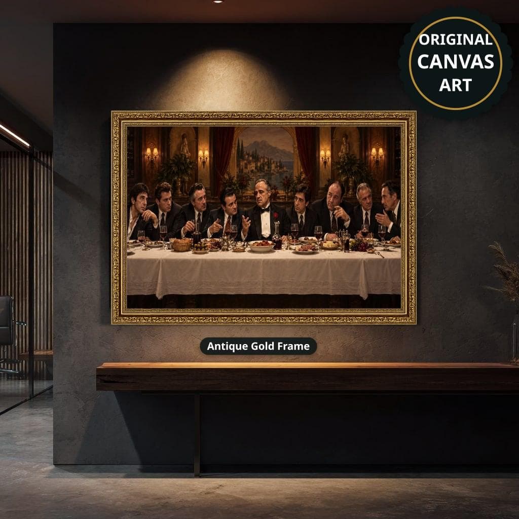 Formally dressed men dine at a long table in a candlelit ornate room, painted in dark brown cinematic vintage tones. Shown as a stretched canvas print displayed on a wall, view 3.