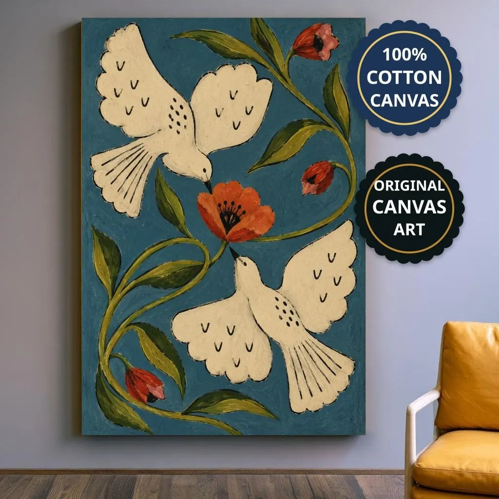 Dove Wall Art, Two Cream Birds With Red Flowers Canvas, Folk Botanical, Reading Nook