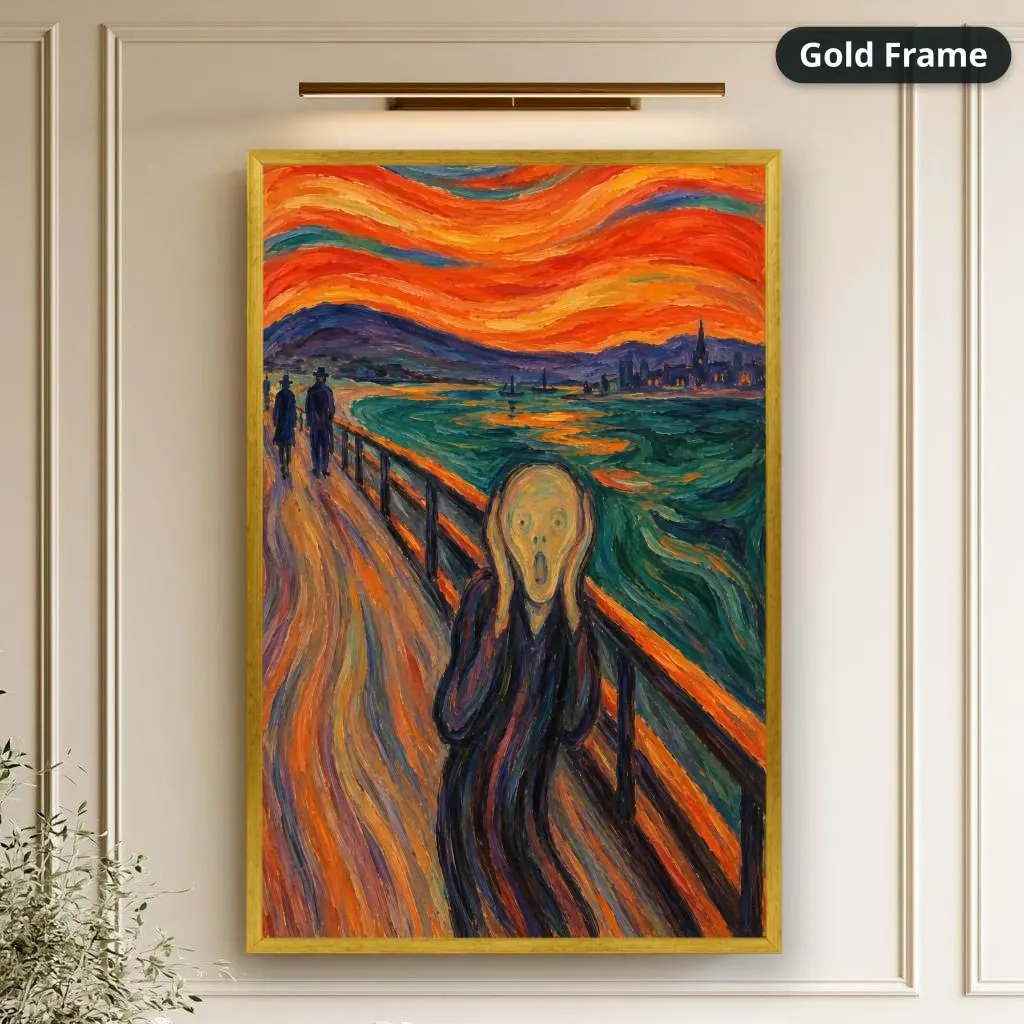 Distressed figure on a bridge above a swirling fjord under orange and red clouds in expressive expressionist style. Shown as a stretched canvas print displayed on a wall, view 2.