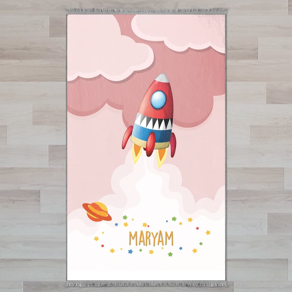 Kids Personalized Spaceship & Clouds Prayer Mat, Child Muslim Prayer Rug,  Islamic Gift, Anti-Slip Mat, Musallah Designer Sejadah 416 - image 3