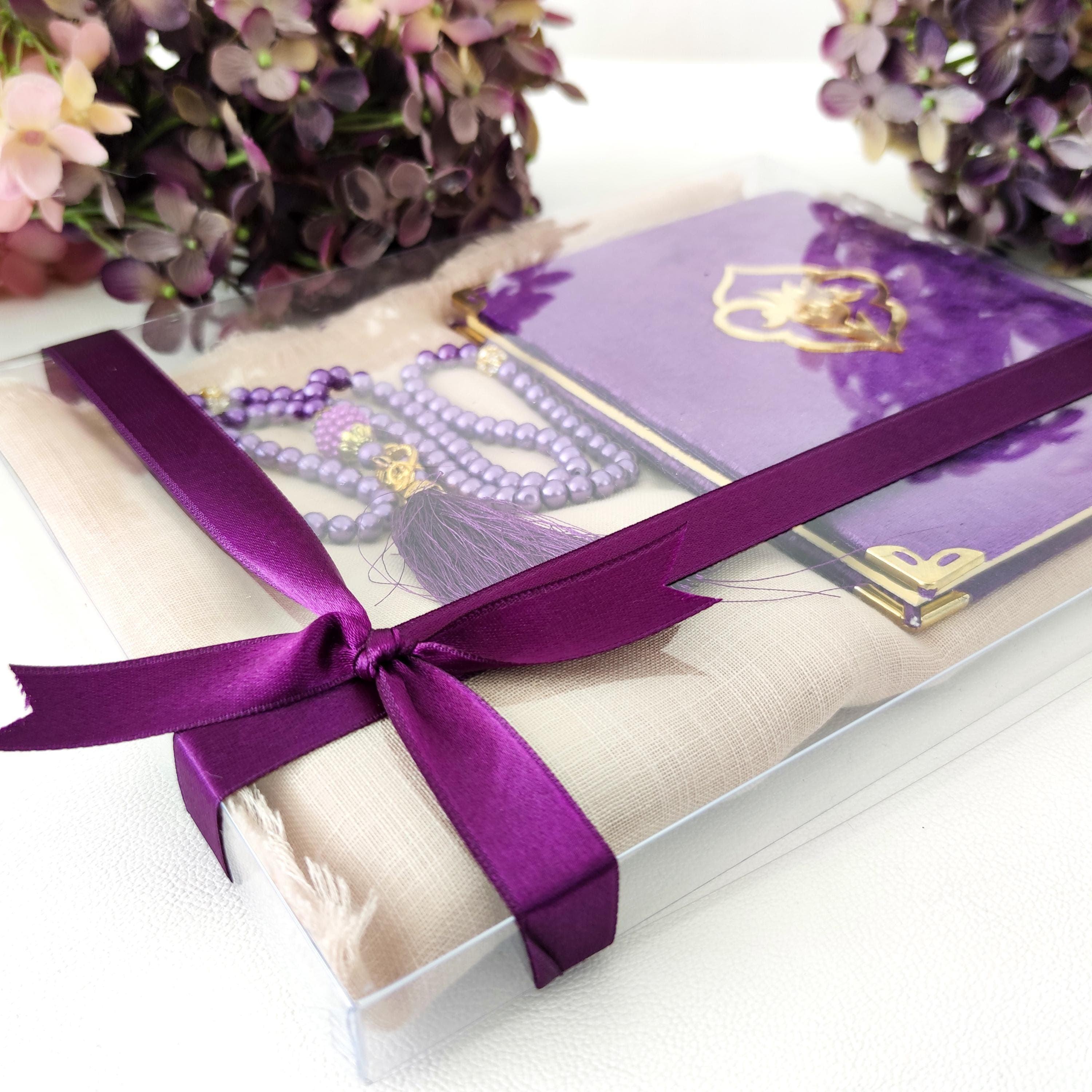 Eid Gift Yaseen Gift Set Purple Tasbeeh Islamic Head Scarf Gift Set Velvet Yaseen Quran Islamic Wedding Graduation Gift Designer Sejadah