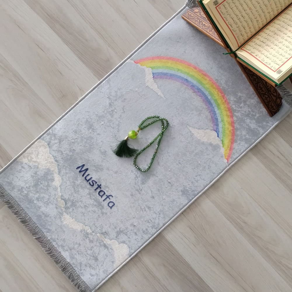 Kids Personalized Rainbow Foam Padded Prayer Mat, Child Muslim Prayer Rug, Islamic Gift, Anti-Slip Mat, Musallah Designer Sejadah 411