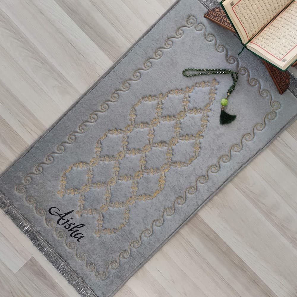 Extra Foam Padded Gold Embroidered Prayer Mat, Could be Personalized, Beige Grey Black Large Muslim Prayer Rug Anti-Slip Backing Janamaz 102