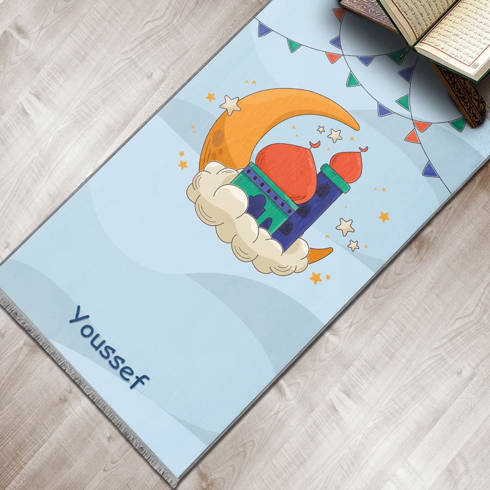 Kids Personalized Moon&Stars Foam Padded Prayer Mat, Child Muslim Prayer Rug, Islamic Gift Boy Girls Non-Slip, Musallah Designer Sejadah 421