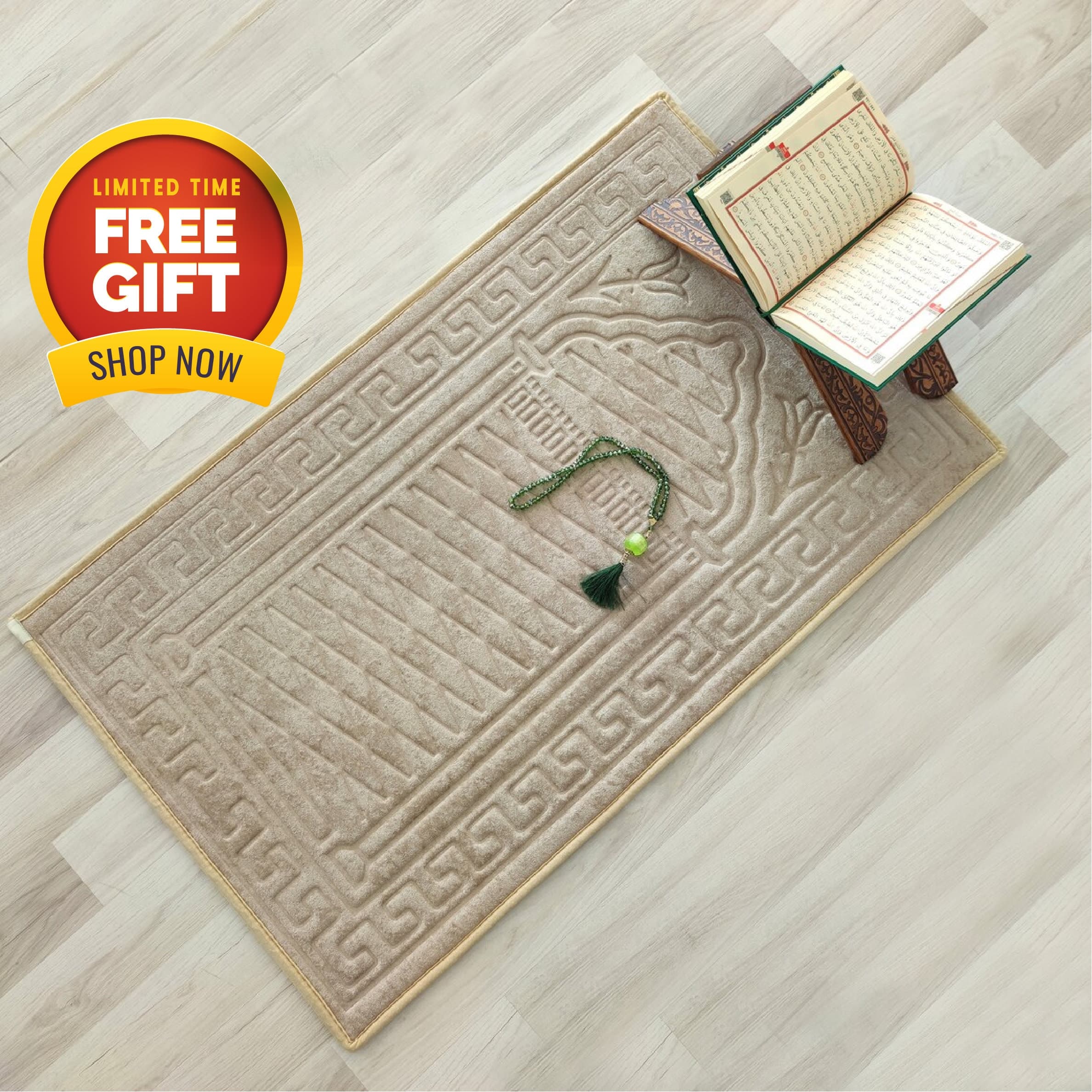 Extra Foam Padded Gold Prayer Mat, Could be Personalized, Beige Large Muslim Prayer Rug, Anti-Slip Backing, Janamaz, Designer Sejadah 101 - image 4