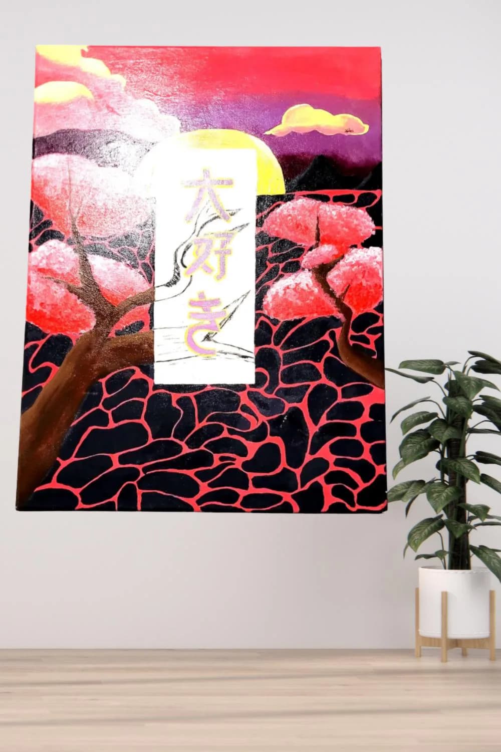 Hand-Painted Cherry Blossom Canvas – Japanese Style, Red Black Landscape (16x20)
