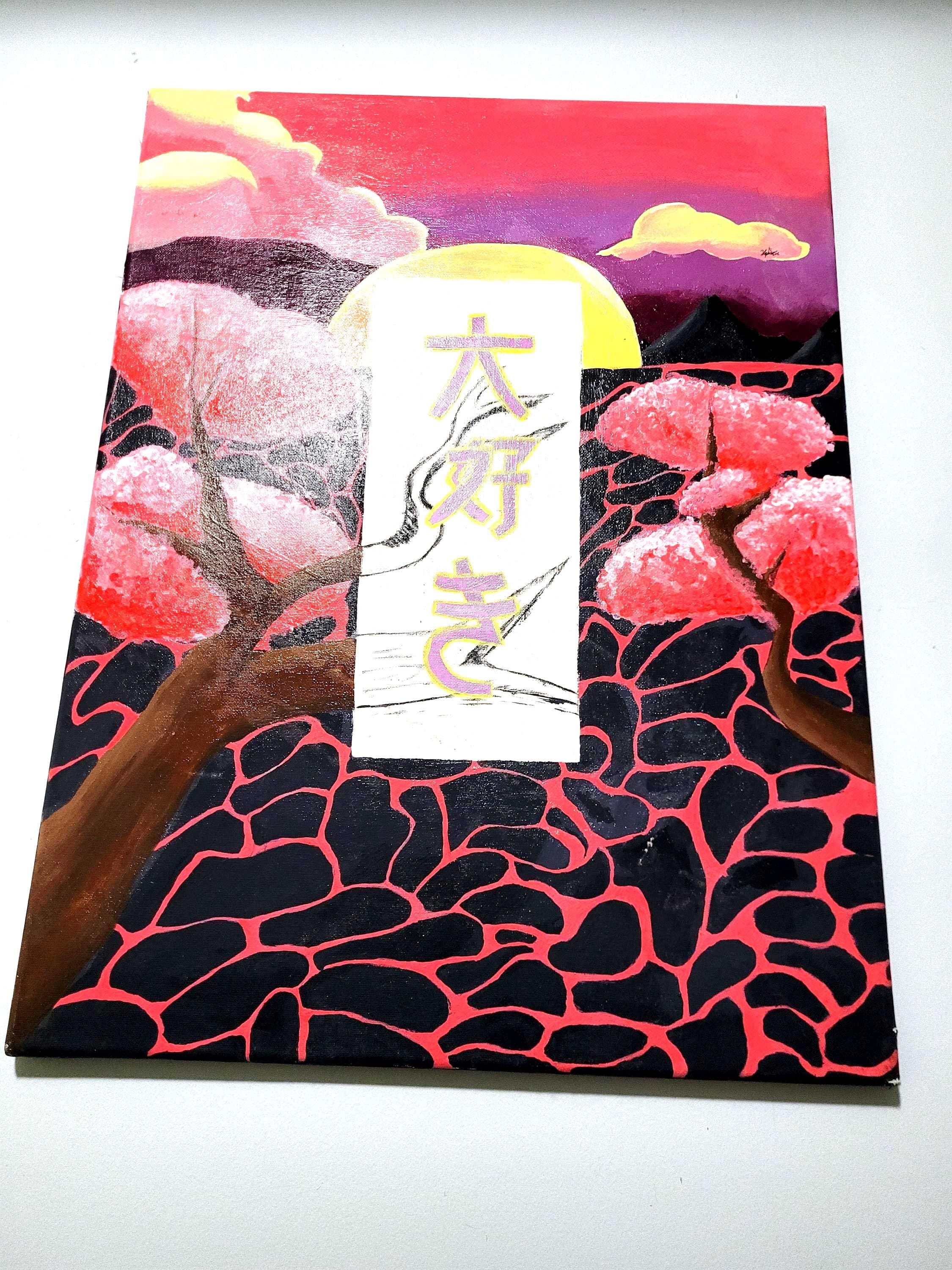 Overall Composition: A vertical hand-painted acrylic canvas featuring a vibrant Japanese-inspired landscape under a sunset sky.

Central Focal Point: A central vertical white rectangular banner contains the Japanese characters "大好き" (Daisuki) rendered in purple with a yellow outline, set against a background of delicate black ink-style tree branches.

Middle Ground: Two stylized cherry blossom trees with brown trunks and textured pink blossoms frame the central banner.