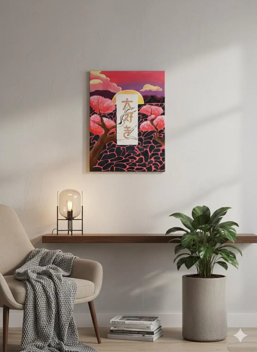"A hand-painted acrylic canvas titled 'Daisuki' hanging on a minimalist white wall. The artwork features pink cherry blossoms (Sakura), a yellow sun, and Japanese kanji over a black and pink cracked pattern. The painting is staged above a wooden shelf next to a modern glass lamp and a potted plant, creating a cozy, aesthetic room vibe."