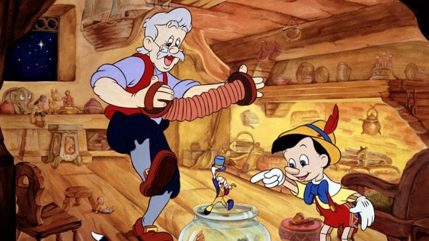 "A vibrant animated scene from Disney's Pinocchio showing Geppetto playing an accordion and dancing in his wooden workshop. Pinocchio watches with a smile while Jiminy Cricket tips his hat while standing on the edge of a goldfish bowl. The background is filled with detailed hand-crafted clocks and toys."