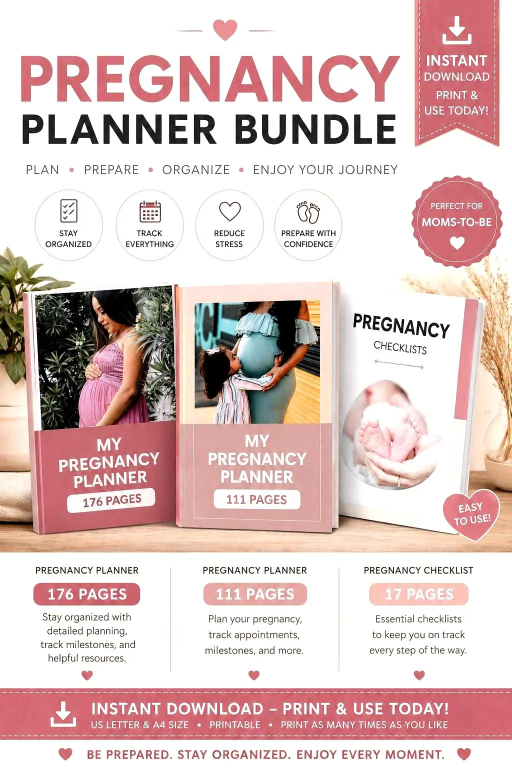 regnancy planner bundle Etsy listing mockup featuring three printable digital products in soft pink and beige tones: My Pregnancy Planner (176 pages), My Pregnancy Planner (111 pages), and Pregnancy Checklists (17 pages). Includes “Instant Download – Print & Use Today” banner, planner covers with maternity and baby-themed photos, and organized layout highlighting printable PDF, US Letter & A4 size, and pregnancy planning resources for moms-to-be.