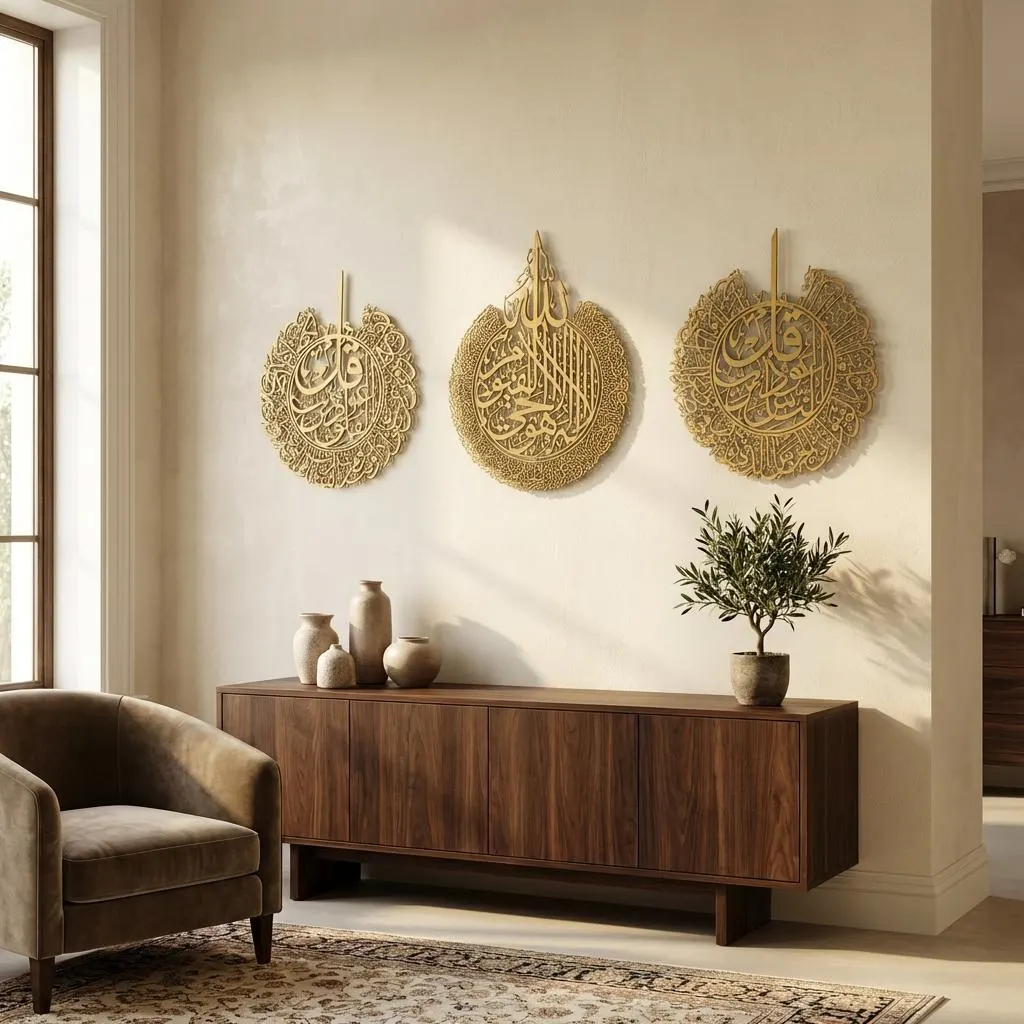 Ayatul Kursi, Nas, Falaq Metal Islamic Wall Art Set of 3 | Arabic Calligraphy | Muslim Home Decor | Islamic Gift | 3 Piece Quran Verses