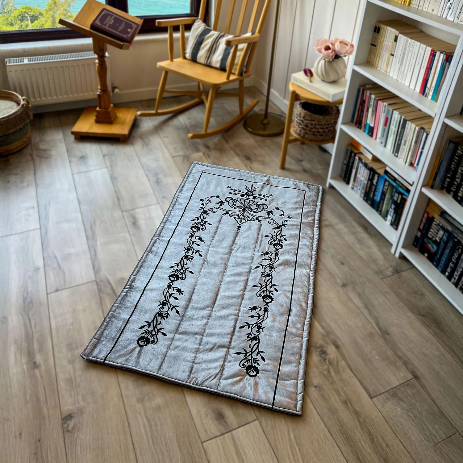 Gray Velvet Islamic Prayer Rug with Black Embroidery, Muslim Prayer Mat, Islamic Home Decor, Soft Velvet Janamaz, Eid & Ramadan Gift,Sejadah