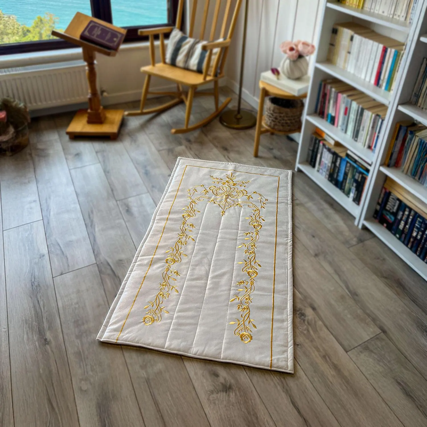 Cream Velvet Islamic Prayer Rug with Gold Embroidery, Muslim Prayer Mat, Islamic Home Decor, Soft Velvet Janamaz, Eid & Ramadan Gift,Sejadah