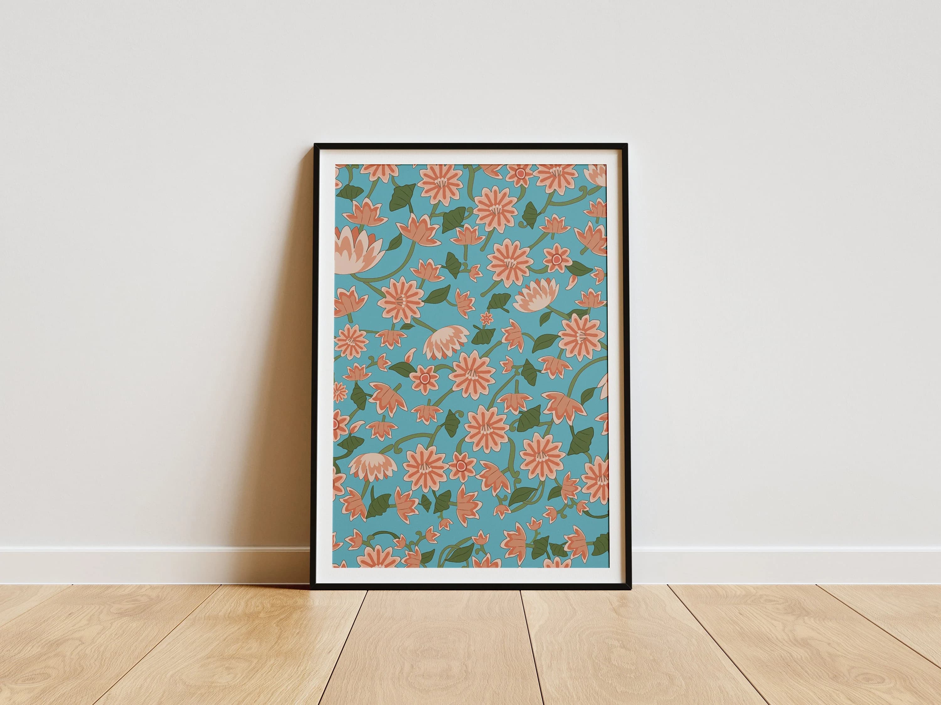 Kalamkari Floral Digital Print, Indian Art Wall Decor, Flower Pattern Art