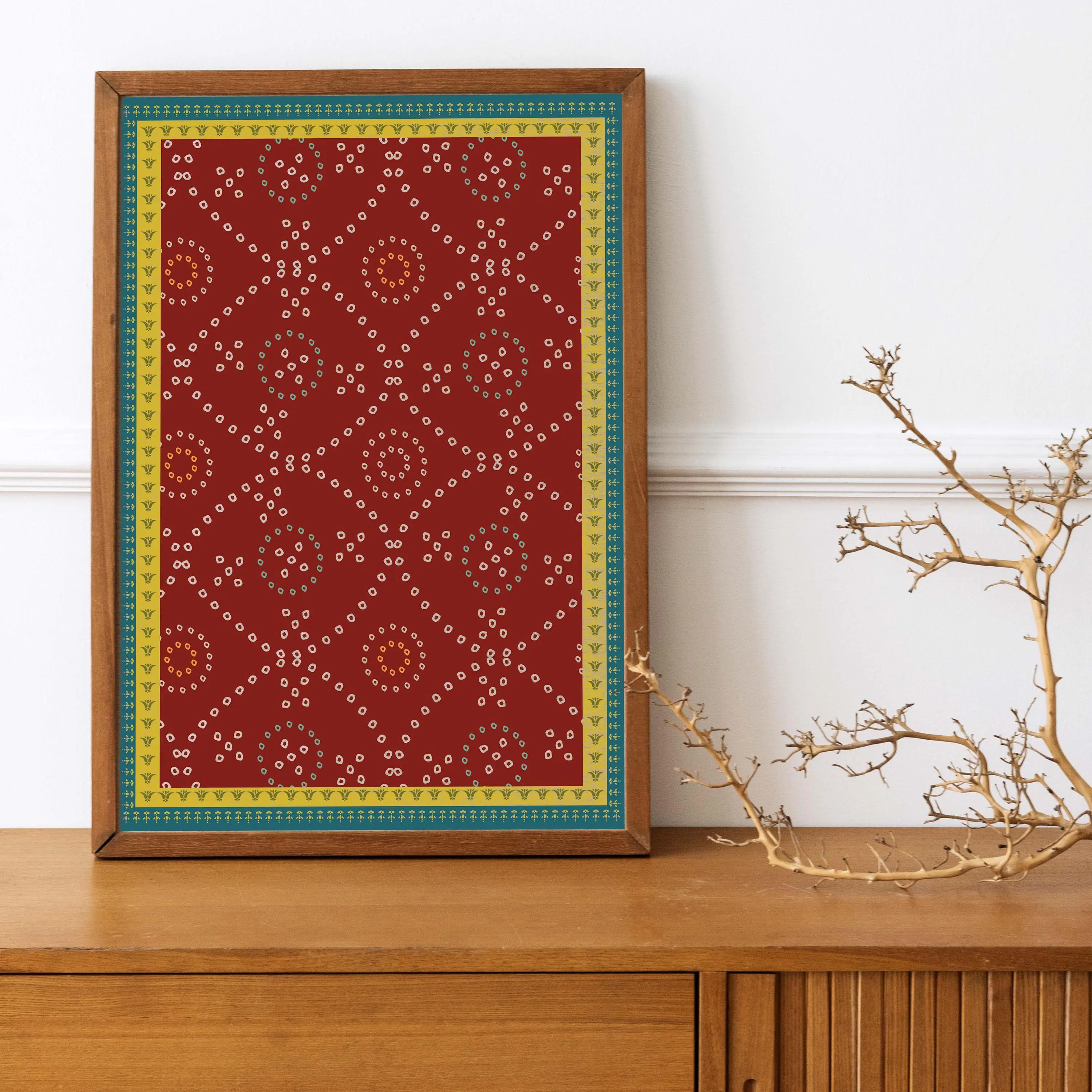 Bandhani Indian Wall Art: Maroon, Teal, and Mustard Print (Digital Download)