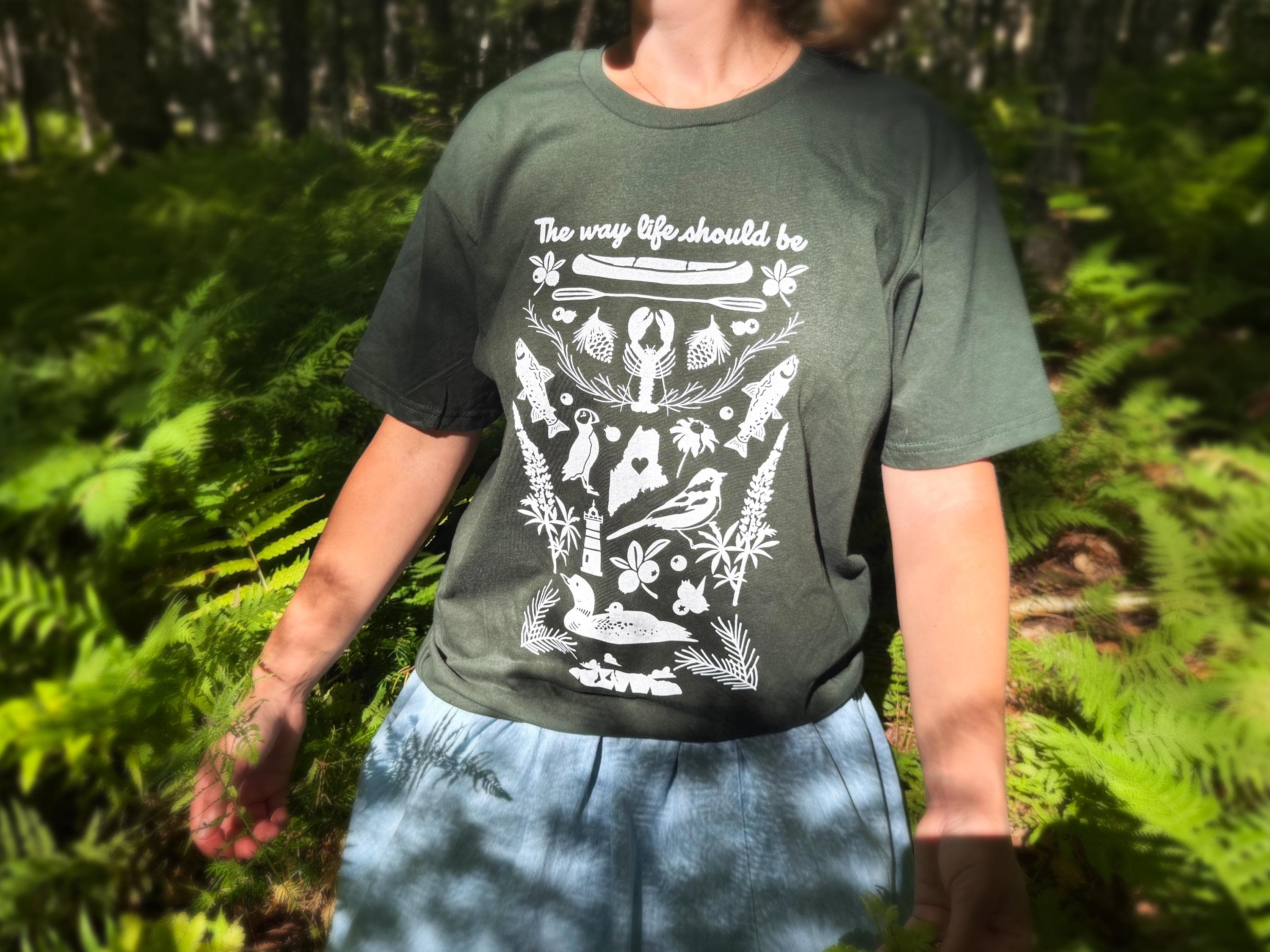 Handmade Maine T-Shirt, Forest Green Cotton Tee, Loon Design