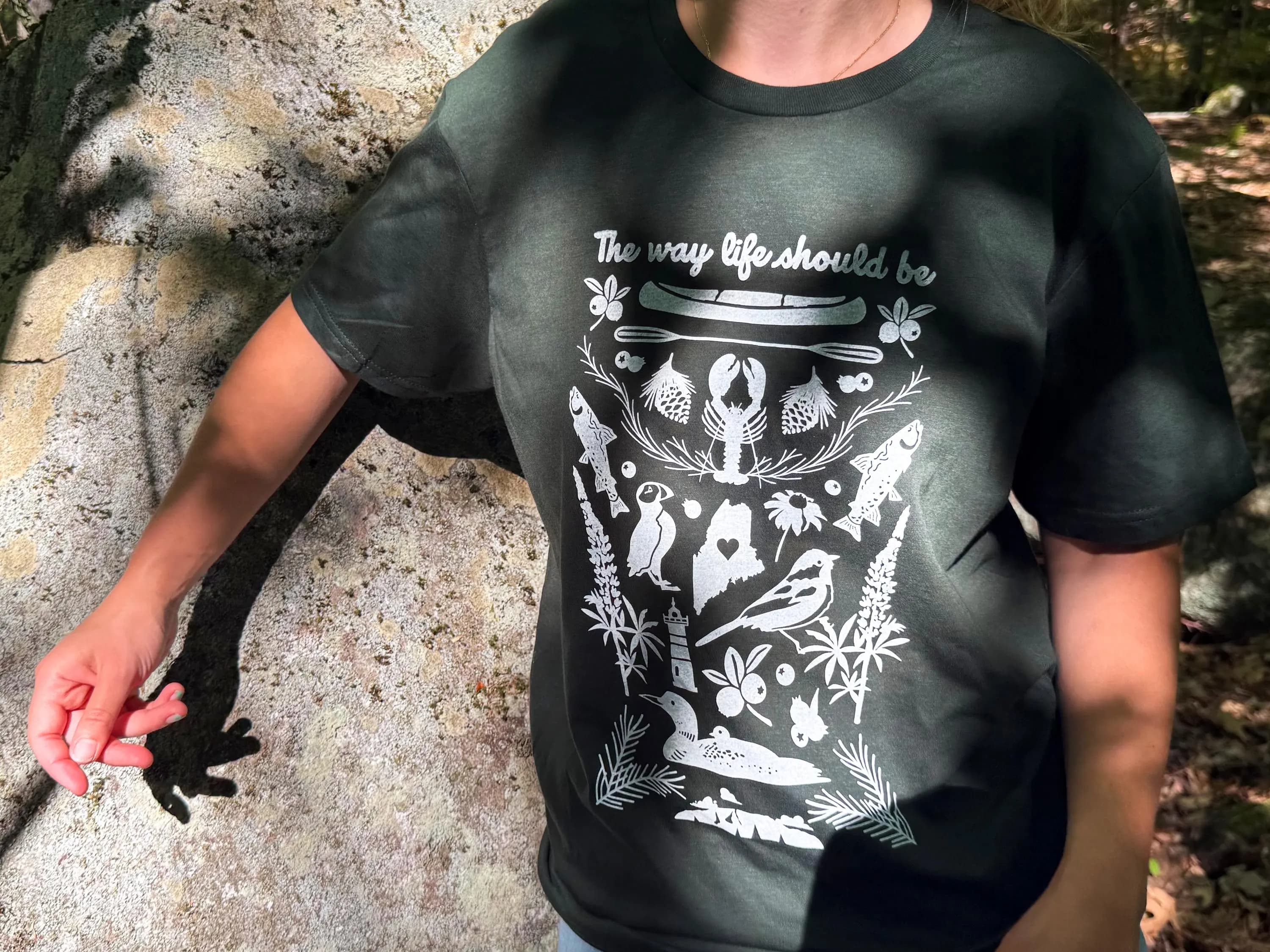 Handmade Maine T-Shirt, Forest Green Cotton Tee, Loon Design - image 4