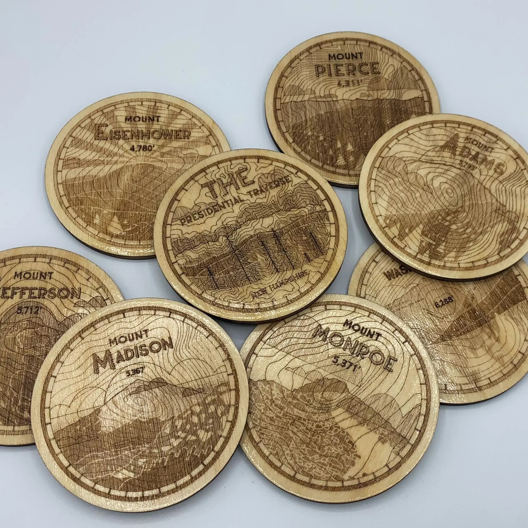 Presidential Traverse Coaster Set of 8 - Laser Engraved - NH48 New Hampshire White Mountains