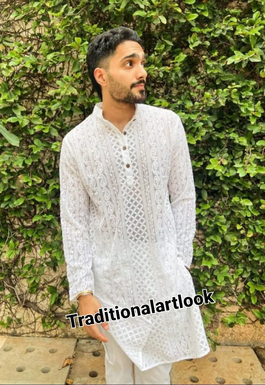 White Chikankari Kurta Pajama Set: Indian Wedding Outfit, Party wear Suit