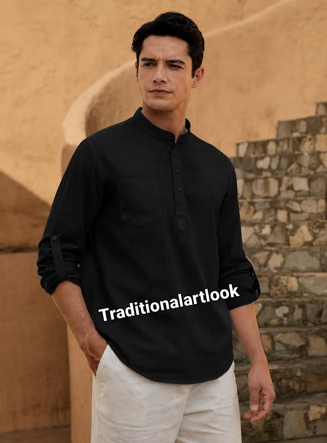 Black color Cotton Short Kurta: Handmade Indian Wedding Outfit,
