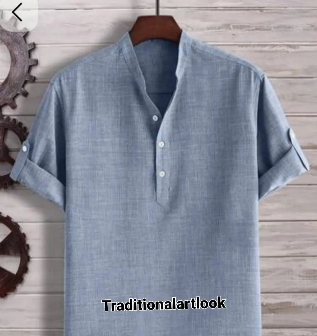 Short Cotton kurta Plain, Casual Tunic Lightweight Indian Shirt, Grey color Half Sleeve - image 4