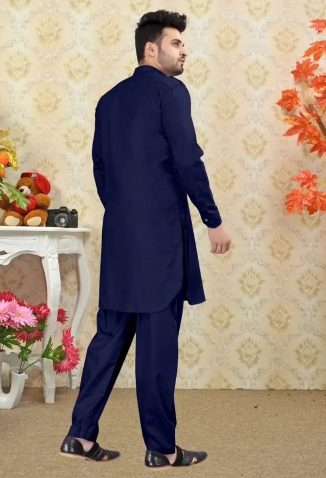 Handmade Blue Cotton Blend Pathani Suit: Indian Kurta Pajama Set - image 4