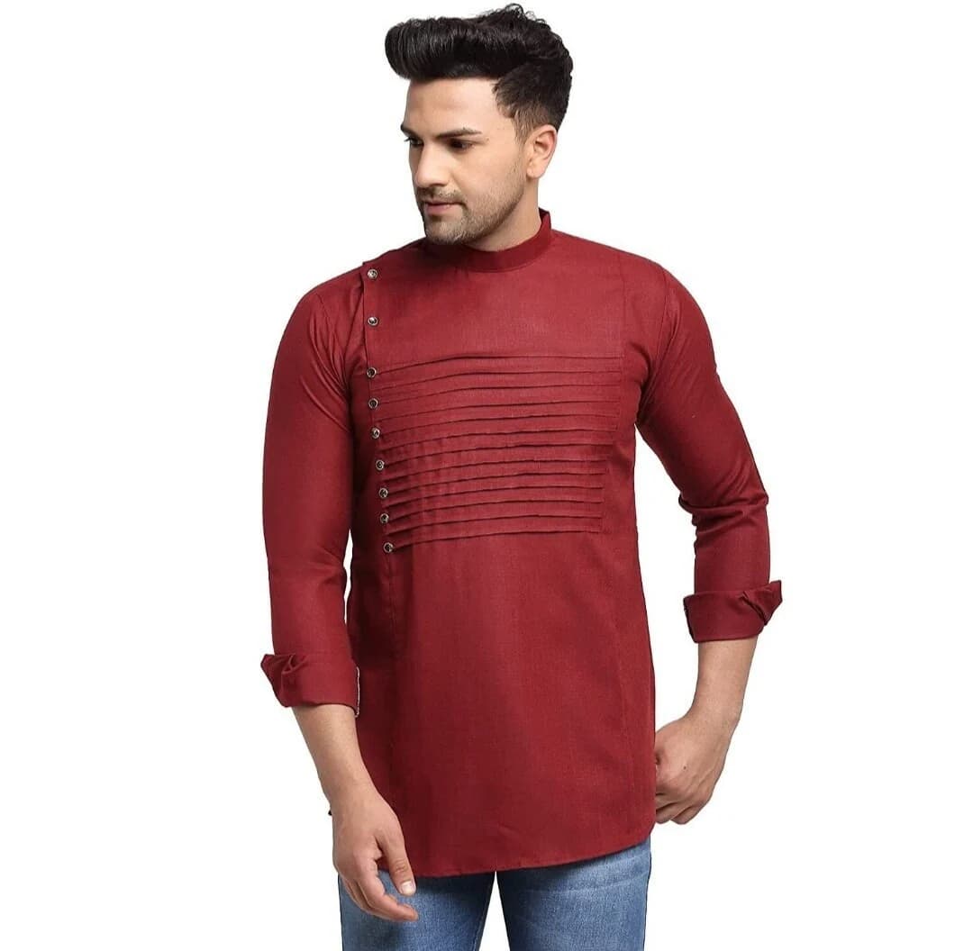 Maroon Color Cotton Short Kurta Pintex Design Indian Wedding Outfit, - image 2