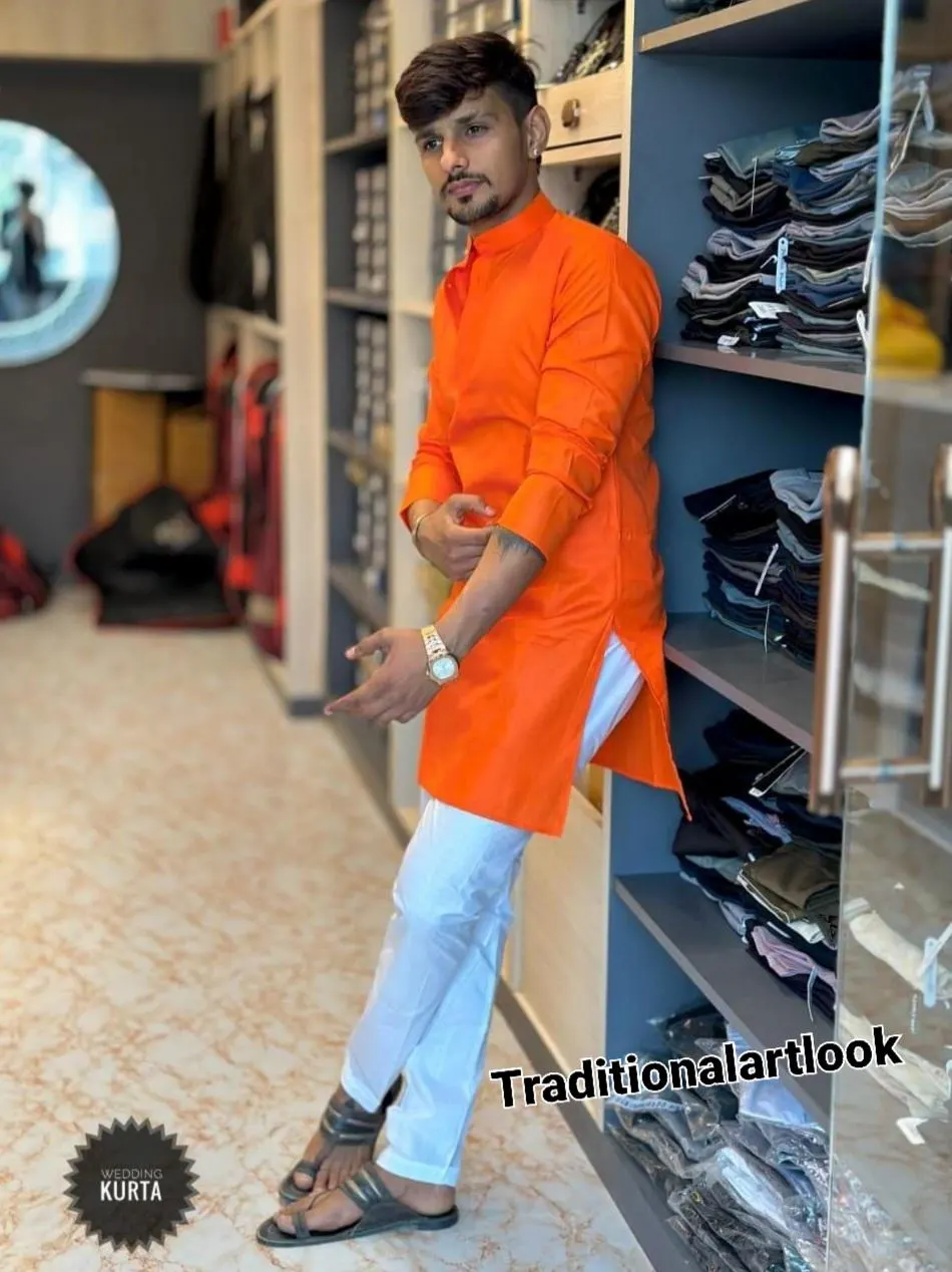 Orange color Cotton kurta Pajama set, Indian wedding Outfits, Party Wear Suit - image 2