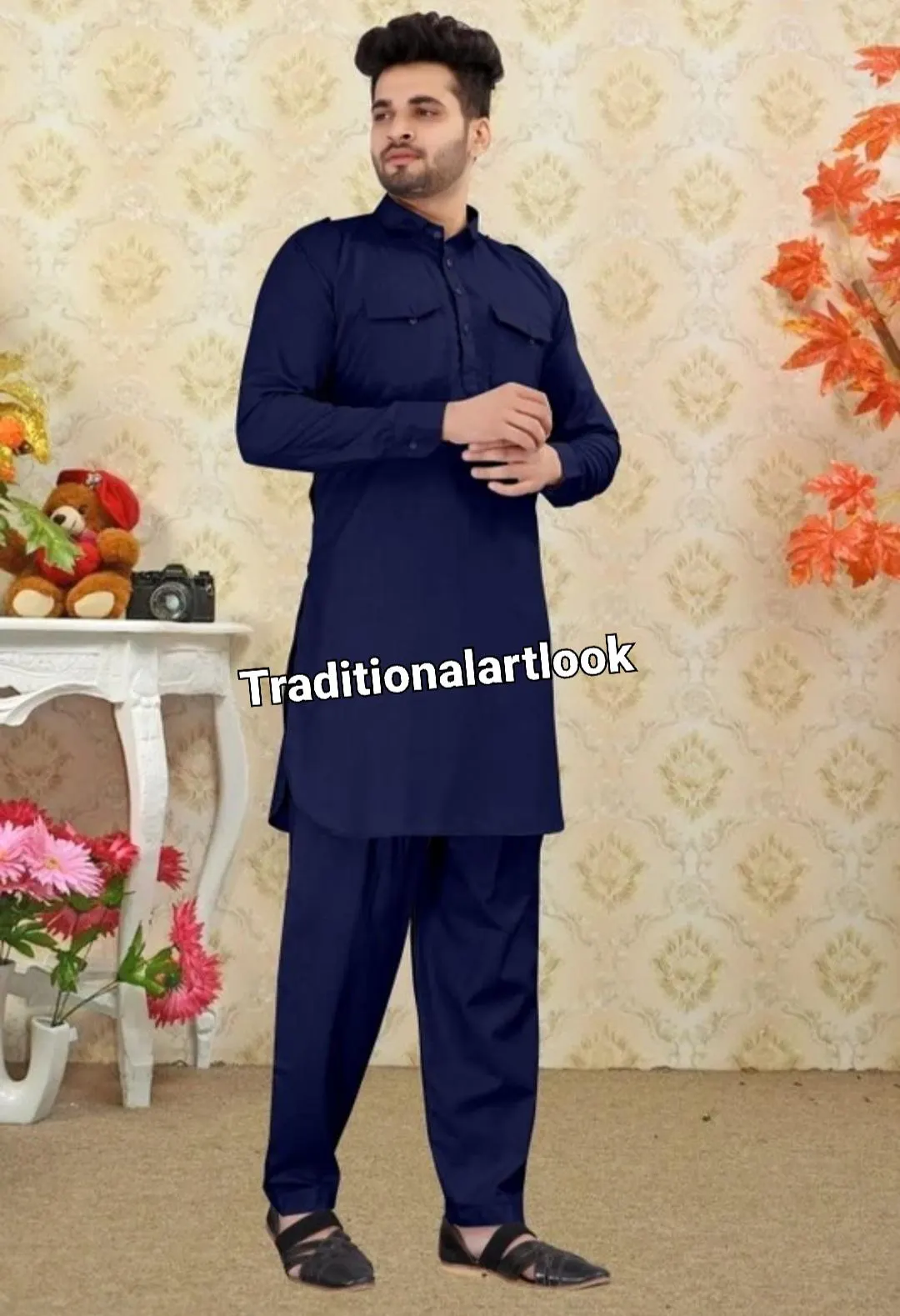 Handmade Blue Cotton Blend Pathani Suit: Indian Kurta Pajama Set - image 2